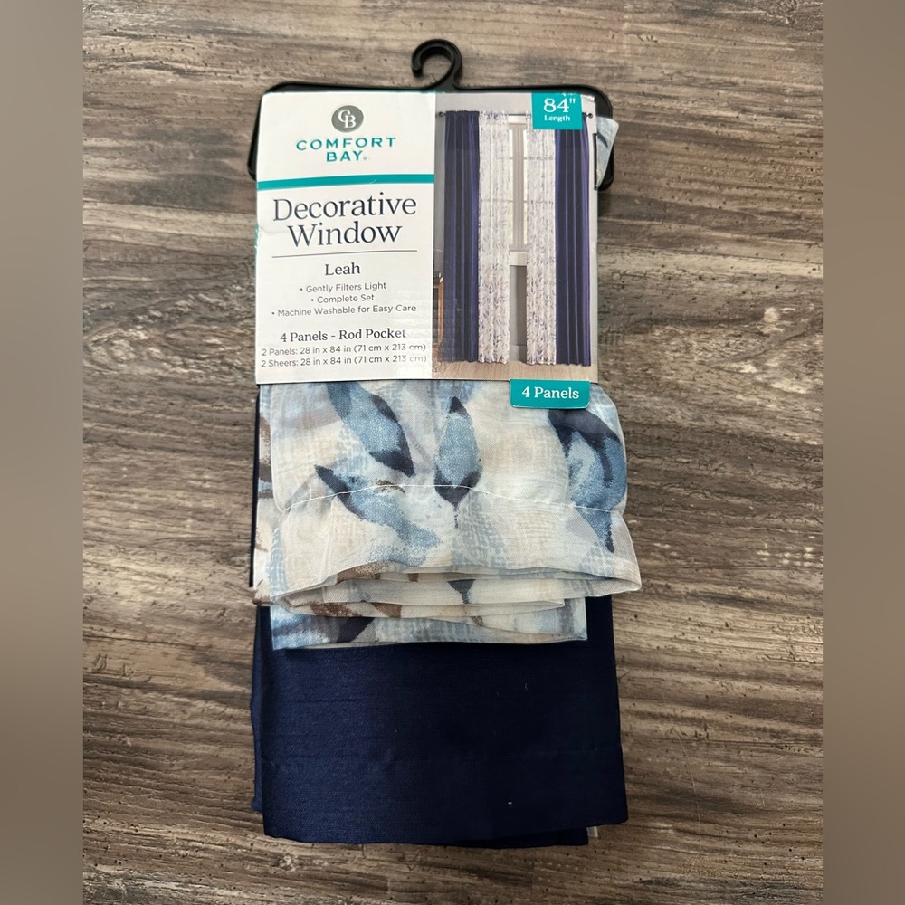 Comfort Bay Complete Set 2 Navy Blue Panels 2 White Blue Sheer Panels 28x84”